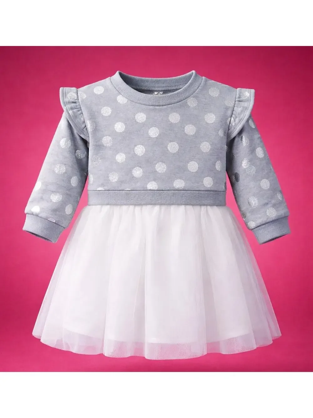 New Roots & Threads Toddler Girls Sweater Dress 12M Gray Silver Polka Dot Tulle